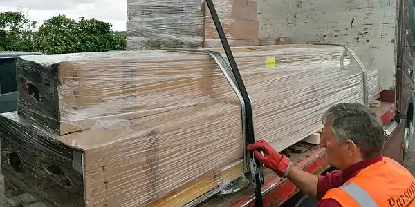 Animation the export process of FlexiGlide sliding shutters from packing on a truck to cargo handling station to airplane or ship